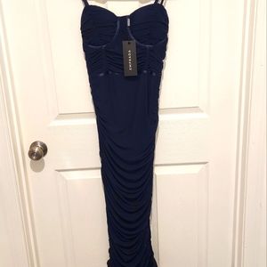 Navy Blue Side Slit Ruched Dress by Emprada